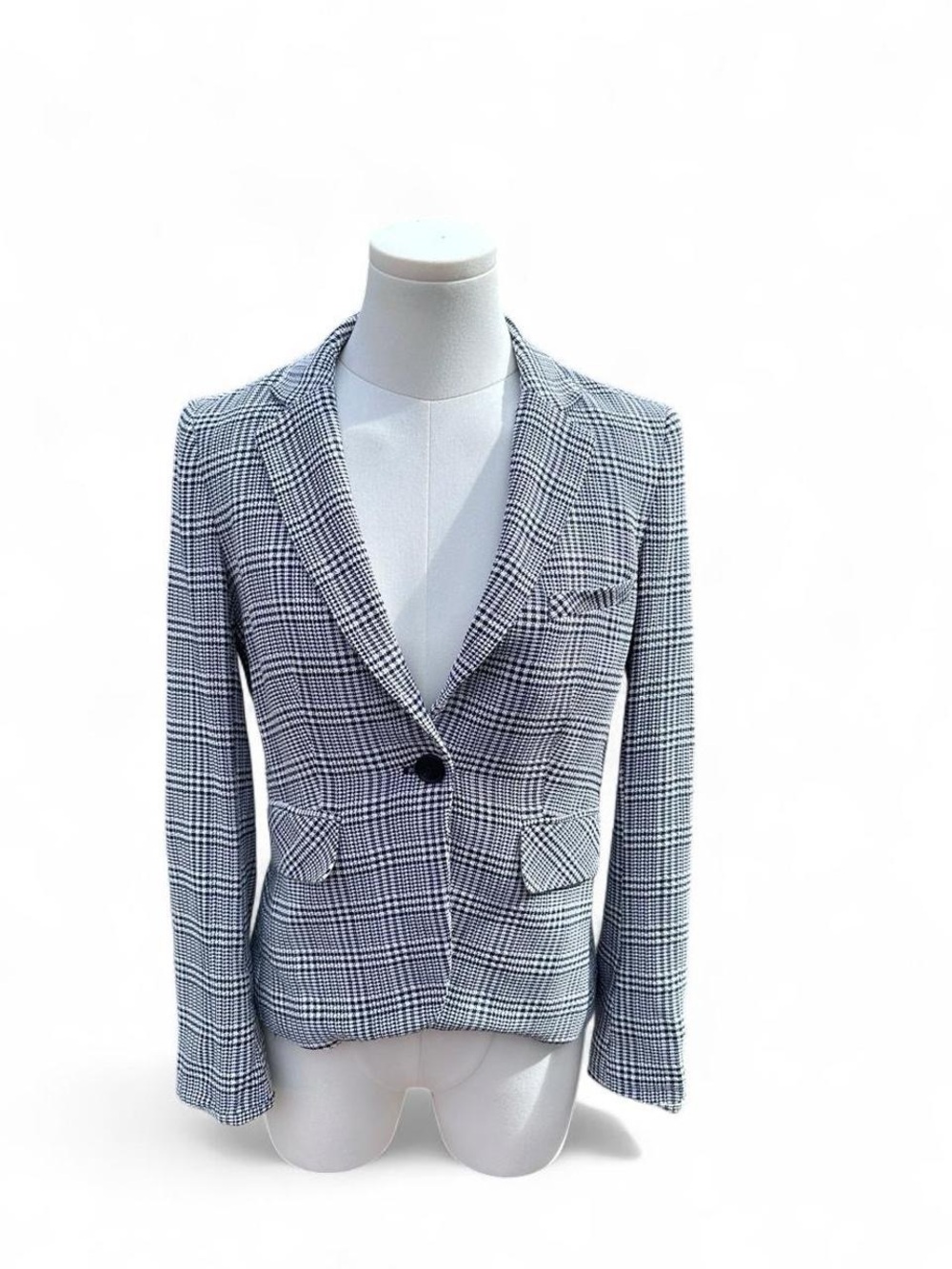 Veronica Beard Navy Blue and White Plaid Tweed Single-Button Blazer - Size 0